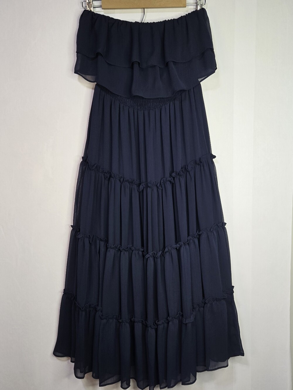 Sam And Jess Size S Classic Navy StraplessTiered Maxi Dress, Elastic Waist